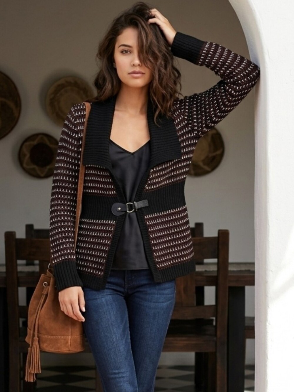 BonWorth Striped Black and Brown Toggle Shawl-Collar Cardigan